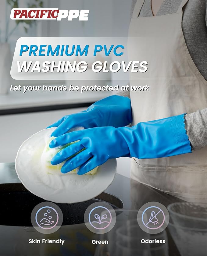 PACIFIC PPE 2 Pairs Reusable Dishwashing Cleaning Gloves with Latex Free, Cotton Lining, Kitchen Gloves, Blue, Medium