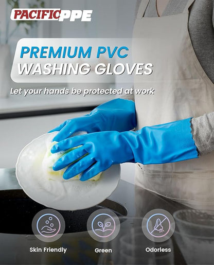 PACIFIC PPE 2 Pairs Reusable Dishwashing Cleaning Gloves, Household, Kitchen, Cotton Liner, Blue, Small