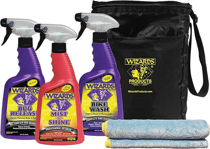 Wizards Motorcycle Cleaning Kit - Bike Wash Foam and Rinse, Quick Detailer Spray, and Bug Remover with Fiber Cloth and Detailing Bag - Portable Motorcycle Wash Kit with Accessories