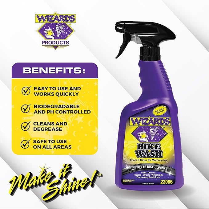 Wizards Motorcycle Cleaning Kit - Bike Wash Foam and Rinse, Quick Detailer Spray, and Bug Remover with Fiber Cloth and Detailing Bag - Portable Motorcycle Wash Kit with Accessories
