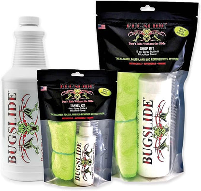 BugSlide Saver Pack, 4 oz Travel Kit with Microfiber Cloth, 16 oz Spray Kit with Microfiber Cloth, 32 oz Refill Bottle, Waterless Detailer, Cleans All Surfaces and Vehicles Without Scratching