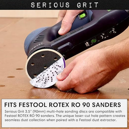 Serious Grit - 3.5-Inch (90mm) 320 Grit Sanding Discs - Advanced Ceramic Grain - Universal Multi-Hole Design Fits Festool RO 90 & Other 3.5 in RO Sanders - Heavy-Duty Hook & Loop Film Discs - 50 Pack