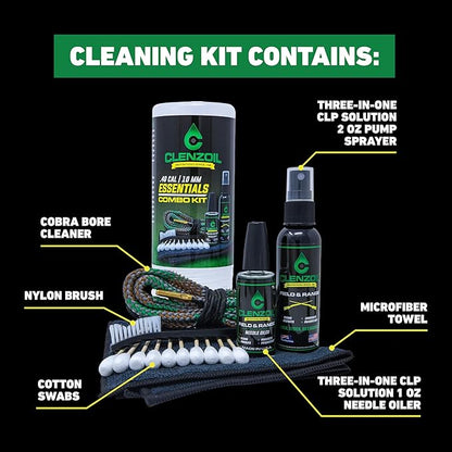 CLENZOIL Field & Range Pistol & Rifle Essentials Gun Cleaning Kit | CLP Spray & Oiler with Bore Cleaner | Clean, Lubricate & Protect | Nylon Brush, Bore Swabs & Microfiber