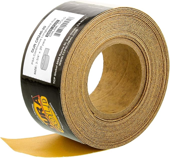 Dura-Gold Premium Gold 240 Grit PSA Longboard Sandpaper, 20 Yard Roll, 2-3/4" Wide, Self Adhesive Stickyback, Woodworking & Automotive Sandpaper Roll, Air File Sand Paper, Auto Sanding Blocks