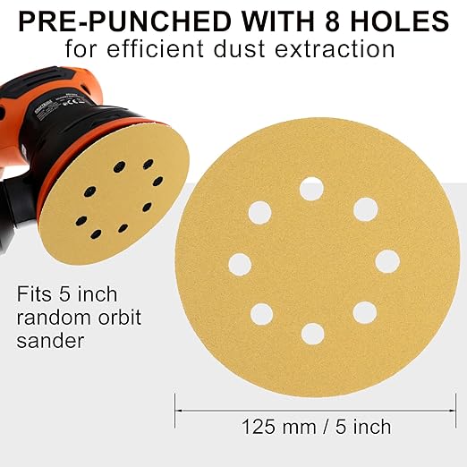LotFancy 100 PCS 150 Grit Sandpaper, 5 Inch 8 Hole Sanding Disc Aluminum Oxide, Orbital Sander Sandpaper for Stripping Paint, Sand Paper for Wood, Plastic, Rust Removal, Random Orbital Sander Pads