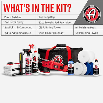 Adam's 15mm SK Pro Car Polisher Kit (16 Item) - Professional Buffer Polisher for Car Detailing & Scratch Repair - Includes Microfiber Towels, Polish, Compound, Pads, Tools, Carry Tote, & More
