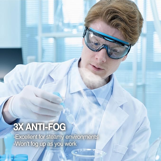 DEX FIT Protective Safety Goggles SG220N; 3x Anti Fog & Scratch, Z87 Eye Protection for Lab, Science, and Chemistry Work, Adjustable for Women and Men, (Black & Blue Frame, Clear Lens, 30cm Strap)