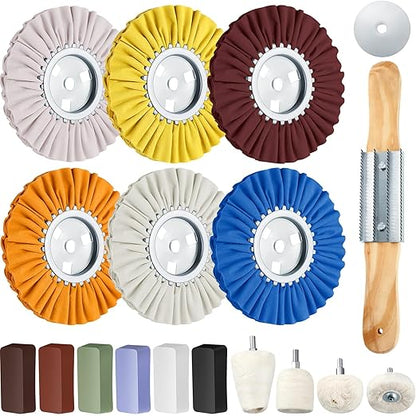 Liliful 18 Pcs 8" Airway Buffing Wheel, Aluminum Wheel Polishing Kit in Diameter 5/8 Inch Arbor Hole, Polishing Compound and Aluminum Metal Rake Kit for Angle Grinder Mirror Finish