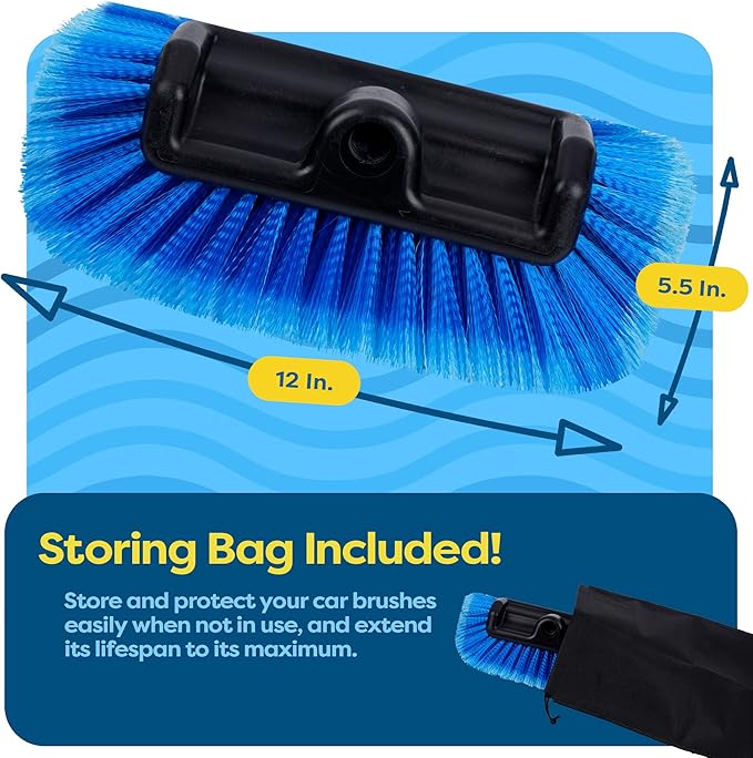 SCRUBIT 12" Car Wash Brush with Soft Bristles for Car Truck Boat Deck & House Cleaning, Exterior Washing Brush Connects with Pole & Hose Storage Bag Included (Blue)