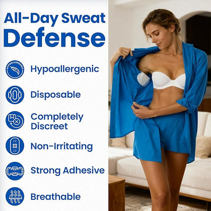 Underarm Sweat Pads for Men and Women – Disposable Armpit Shields to Combat Sweat. Regain Your Confidence with Our Easy-to-Use Underarm Pads Designed for All-Day Protection.