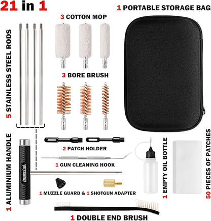 Shotgun Cleaning Kit for 12, 20, 410 Gauge - Compact Portable Case with Bronze and Spring Brushes, Brass Adaptor, Cotton Mop, Cleaning Pick, Patch Holder, Patches, Hand Brush, Empty Oil Bottle