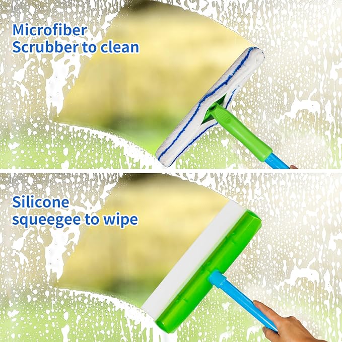 Forgrace Flexible Silicone Squeegee T-Bar Water Blade Microfiber Scrubber with Long Handle for Car or Home Glass Professional Car Windshield Squeegee, Window Cleaning Tool