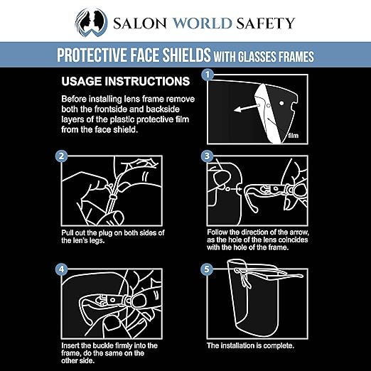 TCP Global Salon World Safety Face Shields with Black Glasses Frames (20 Packs of 25) - Ultra Clear Protective Full Face Shields to Protect Eyes, Nose, Mouth - Anti-Fog PET Plastic, Goggles