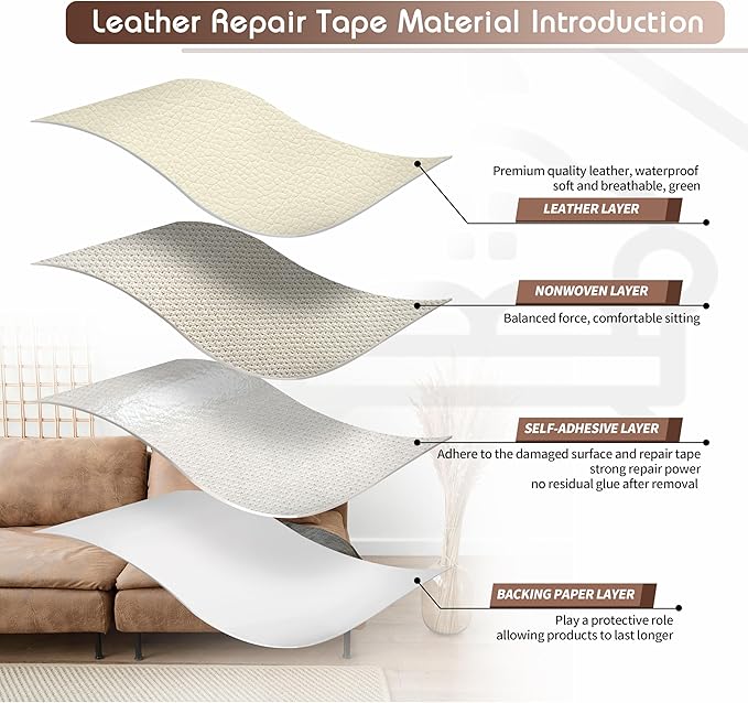 KING MOUNTAIN Leather Repair Patch,12 x 60 Inches self Adhesive Leather Repair Tape for Damaged Leather Furniture, Sofa Seating,Car Seats, Leather Goods（Beige White）