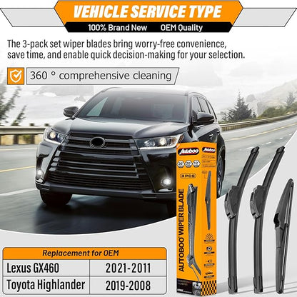 AUTOBOO 26"+20" Windshield Wipers with 12" Rear Wiper Blade Replacement for Toyota Highlander 2019 2018 2017 2016 2015 2014 2013 2012-2008 Lexus GX460 2021-2011-Original Factory Quality (Pack of 3)