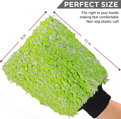 TAKAVU New Car Wash Mitt, 2 Pack Premium Cyclone Microfiber Washing Gloves, Holds Tons of Sudsy Water for Effective Washing, Machine Washable, Lint Free, Scratch Free (Green & White)