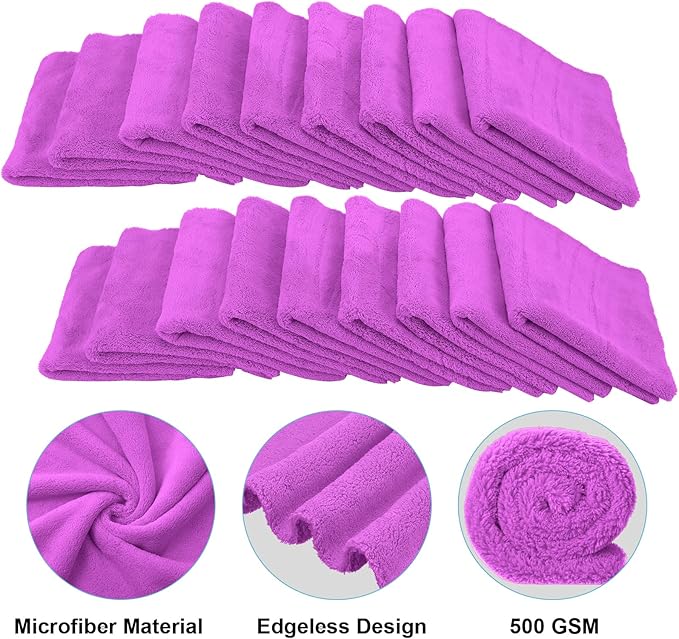 Shimeyao 30 Pcs 16 x 16 Inch Edgeless Microfiber Plush Towels for Cars Detailing Drying Wash Polishing Absorbent Cleaning Cloths, 500 GSM (16 x 16 Inch, Purple, 30 Pcs)