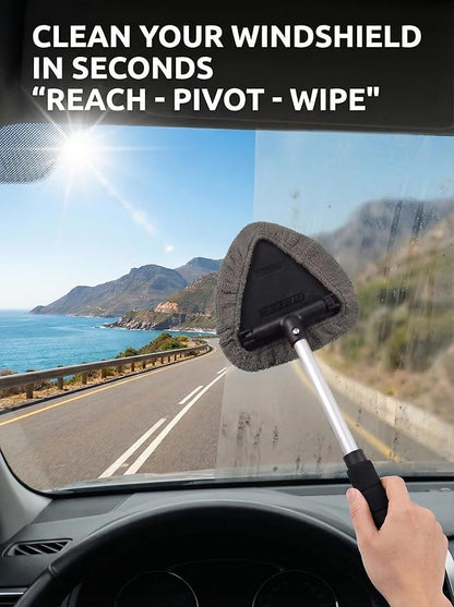 TAKAVU Car Window Cleaning Tool, Windshield Wiper Cleaner with Extendable Long-Reach Handle, 3 Washable Reusable Microfiber Bonnets, Car & Home Inside Interior Exterior Use - Lint Free (Grey)