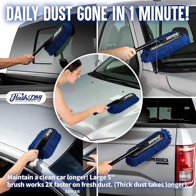 Flash Dog Car Duster Exterior - 25" Wood Handle Wax Cotton Hair Scratch Free Cleaning for Cars/SUV/Truck/RV Roofs & Windshields | Waterless Dust & Pollen Remover