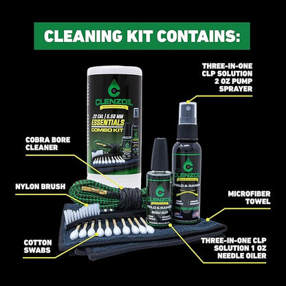 CLENZOIL Field & Range Pistol & Rifle Essentials Gun Cleaning Kit | CLP Spray & Oiler with Bore Cleaner | Clean, Lubricate & Protect | Nylon Brush, Bore Swabs & Microfiber