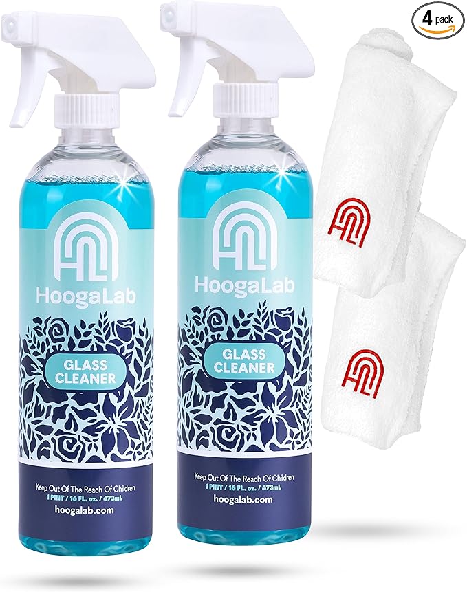 HoogaLab 16oz Glass Cleaner - No Streak, All Shine! Achieve a Crystal Clear Shine on All of Your Glass Surfaces | Elimate Fingerprints, Smudges, Water Spots, and More! (2 pack)