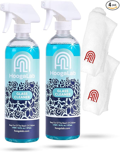 HoogaLab 16oz Glass Cleaner - No Streak, All Shine! Achieve a Crystal Clear Shine on All of Your Glass Surfaces | Elimate Fingerprints, Smudges, Water Spots, and More! (2 pack)