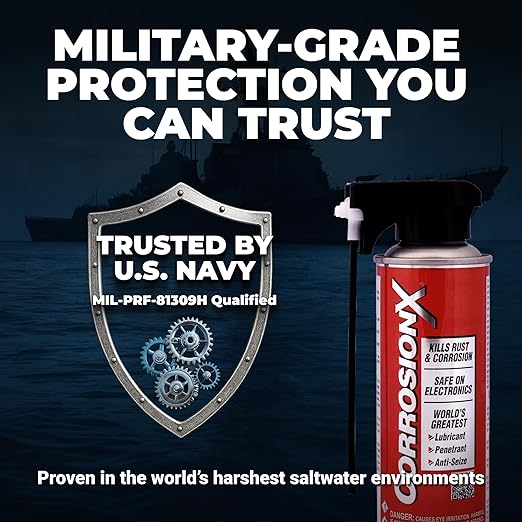 CorrosionX Rust Inhibitor, Industrial-Strength Dielectric Corrosion Prevention, Lubricant & Penetrant for Marine, Automotive, Electronics & RV Use, Protects Bolts, Cables, Engines, Parts, 6oz Aerosol