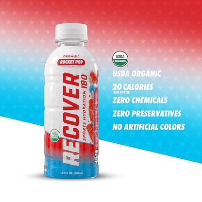 RECOVER 180 Organic Sports Hydration Drink, No Sugar Added, 20 Calorie Sports Beverage, Organic Flavors With Vitamins, Potassium-Packed Electrolytes (16.9 Fl Oz (Pack of 12), Rocket Pop)
