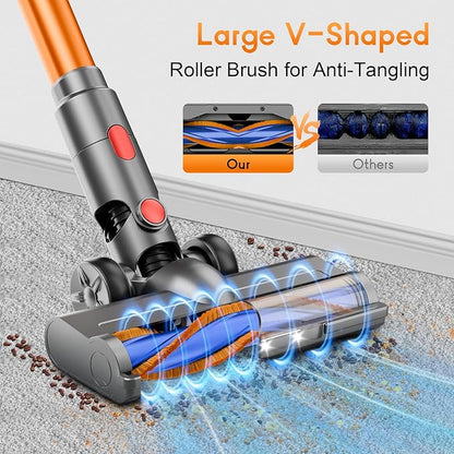 BSNAW Cordless Stick Vacuum Cleaner - Rechargeable, Powerful Vacuums with Detachable Battery Display, Max 45Mins Runtime, 8 in 1 Handheld Vacuum for Hardfloor & Carpets Pet Hair, 45Kpa Yellow