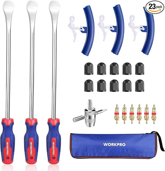 WORKPRO 14.5” Steel Tire Spoons Tool Set, 23-Piece Tire Iron Set with Storage Bag, Tire Removal Tools, Tire Changing Tools, Tire Repair Tools, Tire Levers for Motorcycle, Bicycle, Car and Lawn Mower