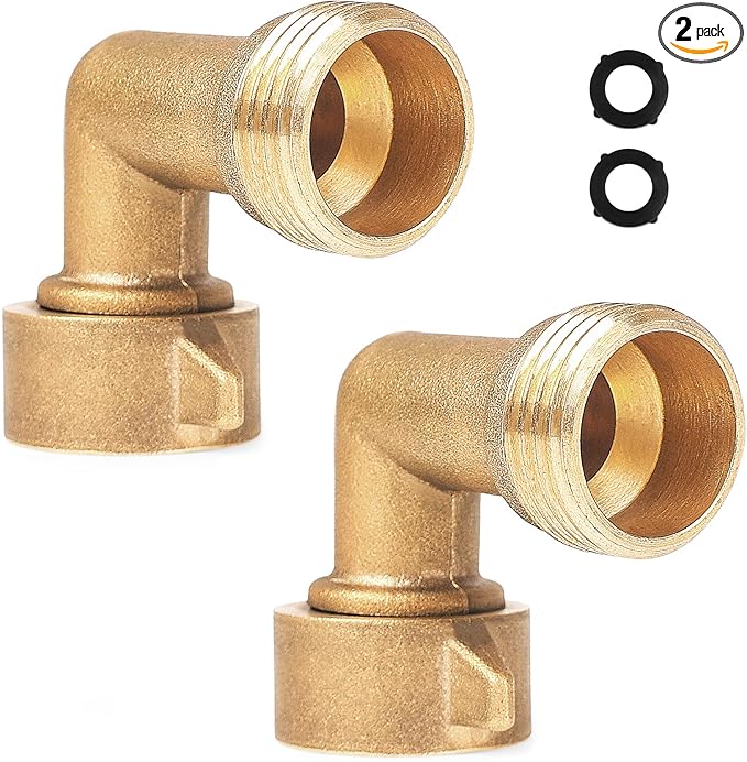 2Pack 90 Degree Hose Elbow - RV & Garden Faucet Adapter, 3/4" Solid Brass, Hose Adapter for RV Water Hookups Residential Outdoor Faucets