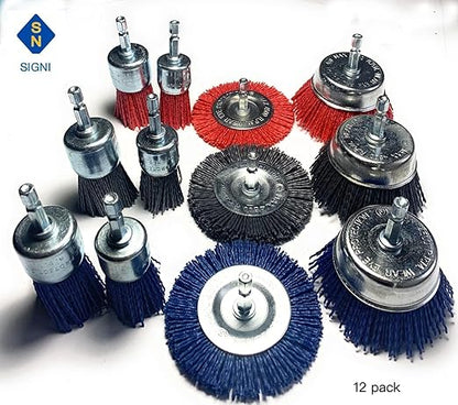 Signi 12 Pack Nylon Bristle Filament Abrasive Brush Drill Wheel and Cup Brush Set with 1/4 Inch Shank, Surface prep Remove Rust/Corrosion/Paint (2.5" Wheel, Hex Shank)