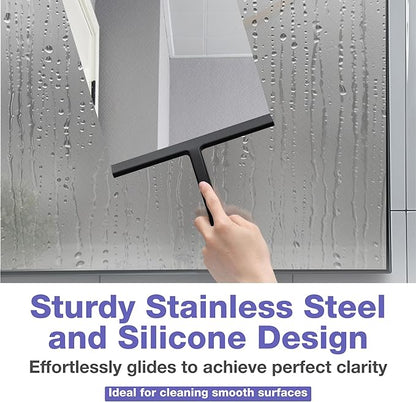 Kincmax All-Purpose Shower Squeegee - Stainless Steel Silicone Bath Squeegee for Glass Doors - Window and Door Squeegee With Hook - Bathroom Kitchen - Medium Black