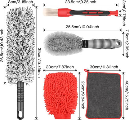 Preciva 5PCS Car Wheel & Tire Brush Kit -Car Cleaning Kit, Wheel Cleaner Brush, Soft-bristled Rim Brush, Car Drying Towel, Car Detailing Cleaning Wash Brush Supplies Kit for Interior Exterior Wheels