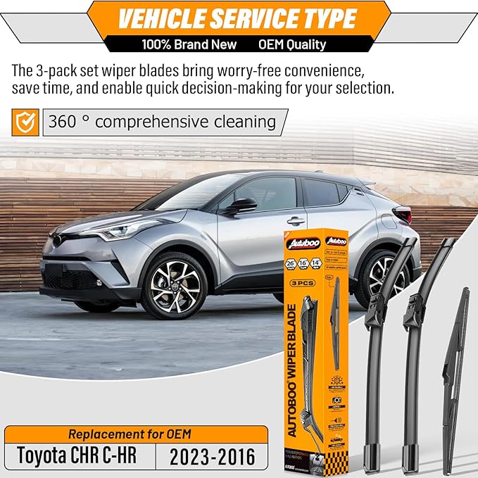 AUTOBOO 26"+16" Windshield Wipers with 14" Rear Wiper Blade Sets Replacement for Toyota CHR C-HR 2016 2017 2018 2019 2020 2021 2022 2023 -Original Factory Quality (Pack of 3)