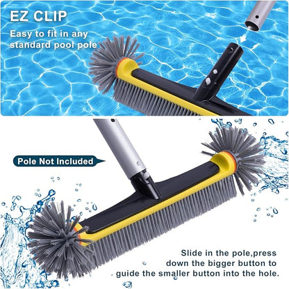 POOLAZA Pool Brush Head with Round Ends, Heavy Duty Pool Brushes for Cleaning Pool Walls, Floors Steps & Corners, 17.5" Pool Brush with Sturdy Aluminum Handle & Durable Nylon Bristles (Yellow)