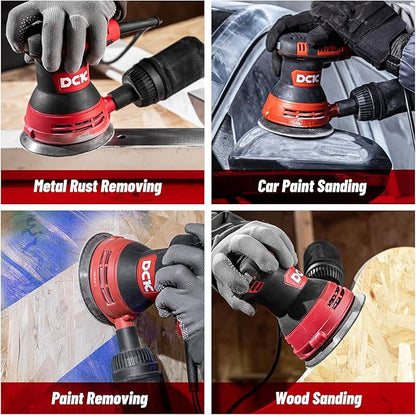 DCK Random Orbital Sander, 3.0 AMP Corded Palm Sander, 6 Speeds Max 12,000 OPM, 5-Inch with 10 pcs Sandpapers, Dust Bag, Low Vibration for Woodworking, Decoration Furniture (KSA125)