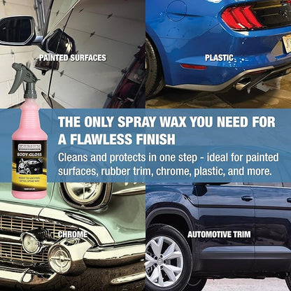 Zenex Body Gloss Liquid Spray Wax - High Gloss Professional-grade Detail Spray Wax | Cleans & Protects Painted Surfaces, Glass, Chrome, & More | Water-Repellant Protection | 32 oz (2 Pack)