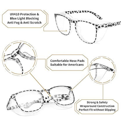 Alsenor Safety Glasses Anti Fog Goggles Protective Eyewear Blue Light Blocking Anti Dust UV Protection Glasses For Men Women (Black-Leopard)