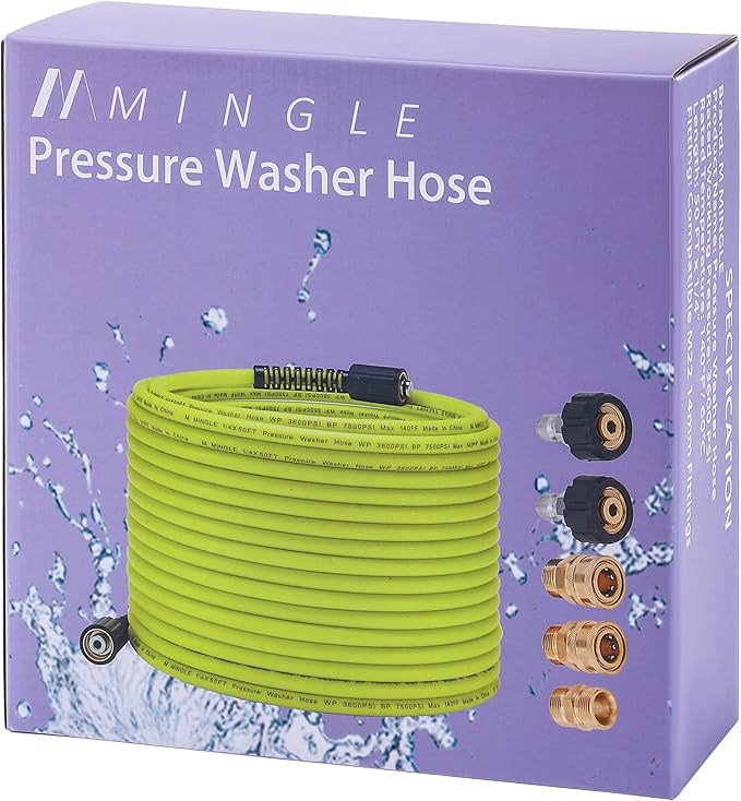 M MINGLE Pressure Washer Hose 50 FT x 1/4" - Replacement Power Wash Hose with Quick Connect Kits - High Pressure Hose with M22 14mm Fittings - 3600PSI