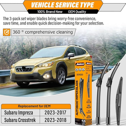 AUTOBOO 26"+16" Windshield Wipers with 12" Rear Wiper Blade Sets Replacement for Subaru Crosstrek Impreza 2018 2019 2020 2021 2022 2023-Original Factory Quality (Pack of 3)