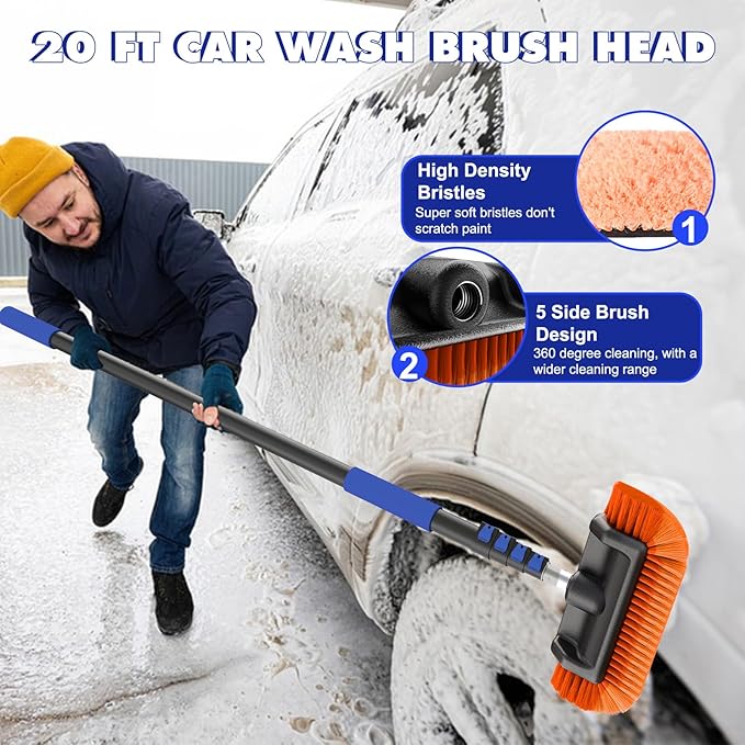 SKGPOLE 26Ft Reach Car Wash Kit with 5-20FT Telescopic Extension Pole, Car Wash Brush with Long Handle, Wheel Tire Brush, Car Wash Mop, Mitt, Squeegee for Cleaning Car, SUV, RV, Boats, Solar Panels