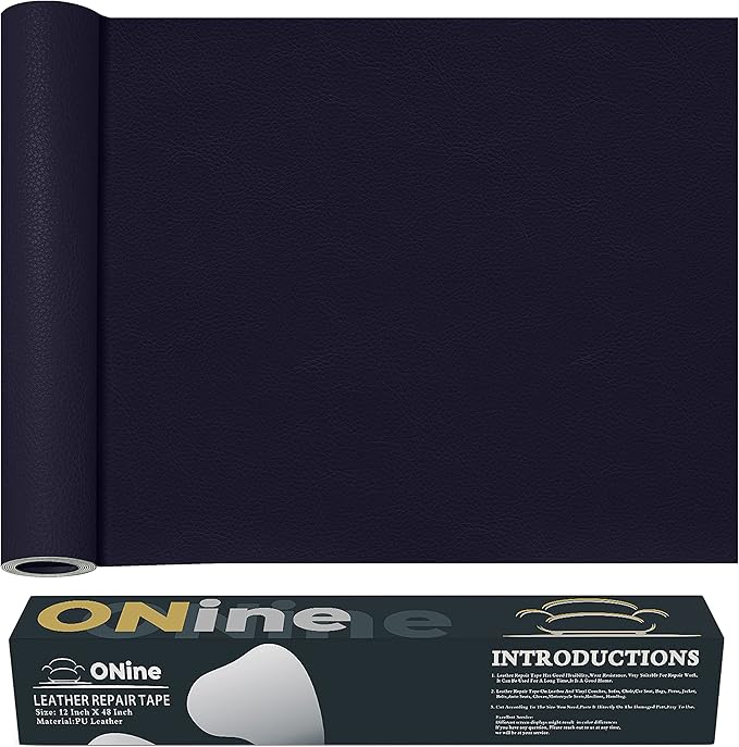 ONine Leather Repair Patch，Leather Repair Tape, 12 x 48 inches Leather Repair Patch for Furniture,Vinyl Repair Kit，Leather Couch Patch，for Sofas, Furniture, Car Seats, Office Chairs(Dark Blue Leather)
