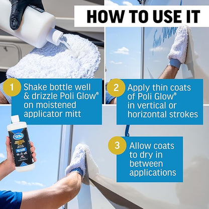 Poli Glow Boat & RV Polish Kit with Applicator Mitt - 32 oz High-Gloss Fiberglass Polish for Boats and RVs - Easy to Apply, Long-Lasting Shine - Hydrophobic Boat Cleaner - UV Protection - 2-in-1 Kit