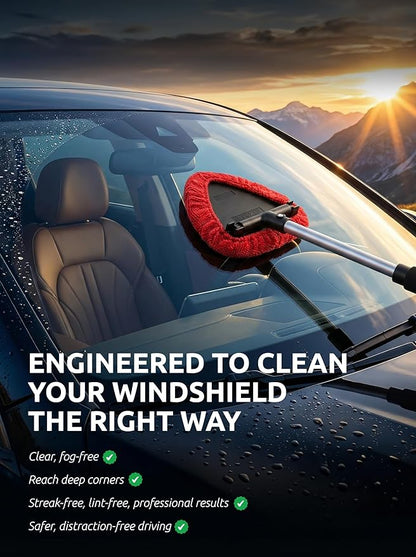 TAKAVU Windshield Window Cleaner Tool, Extendable Long-Reach Handle, Unique Pivoting Triangular Head, 3 Washable Reusable Microfiber Bonnets, Car & Home Inside Interior Exterior Use - Lint Free (Red)