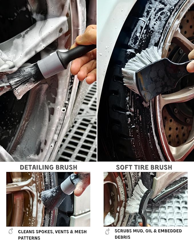 8PCS Pro Wheel Cleaning Kit - Woolies Brushes, Detailing Brush, Tire Brush, Wash Mitt, Drying Towel & Carry on Bag - Scratch-Free Rim Cleaning Kit