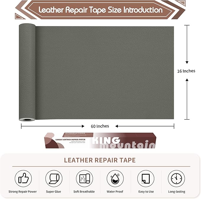 KING MOUNTAIN Leather Repair Tape, 16 x 60 Inches, Gray, Self-Adhesive, Waterproof, Eco-Friendly