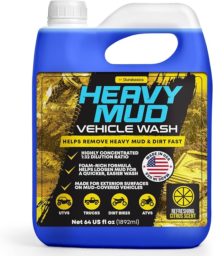 Durabasics Heavy Mud Wash – Highly Concentrated 1:32 Ratio, Thick Foam Car Wash Soap & ATV Cleaner for Trucks, UTV Cleaner, Dirt Bikes & RVs – Works with Foam Cannons & Bucket Washes – 64 fl oz