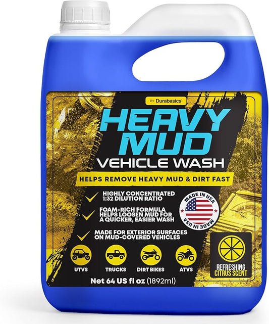 Durabasics Heavy Mud Wash – Highly Concentrated 1:32 Ratio, Thick Foam Car Wash Soap & ATV Cleaner for Trucks, UTV Cleaner, Dirt Bikes & RVs – Works with Foam Cannons & Bucket Washes – 64 fl oz