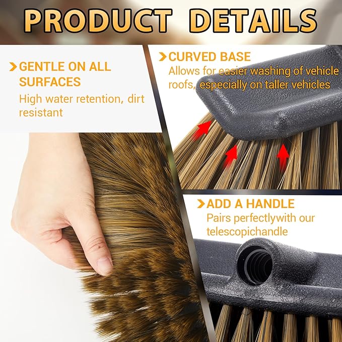 Boar's Hair Car Wash Brush 10 in Synthetic Bristles Safely Lifts Dirt Premium Curved Bristles Soft, Scratch-Free Cleaning Durable & Versatile for Cars, Trucks & Rvs
